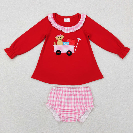 baby girl long sleeve pink red valentine puppy heart car embroidery bummie set