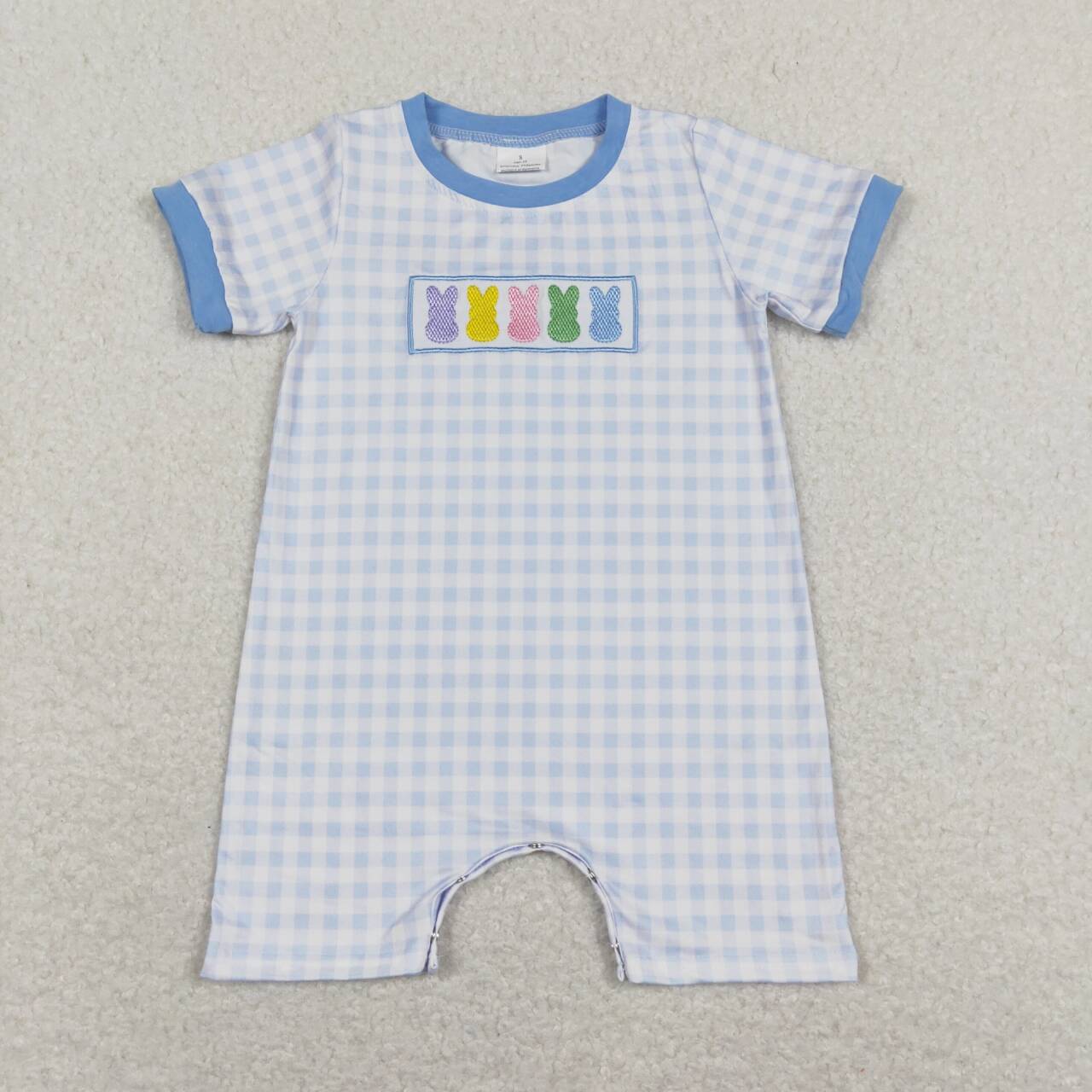 boys easter peeps embroidery blue plaid romper