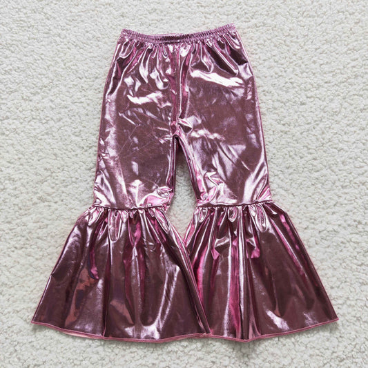 Pink leather shinny baby girls bell bottom pants