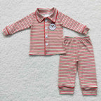 Red green stripe kids girl christmas button pajama with santa embroidery