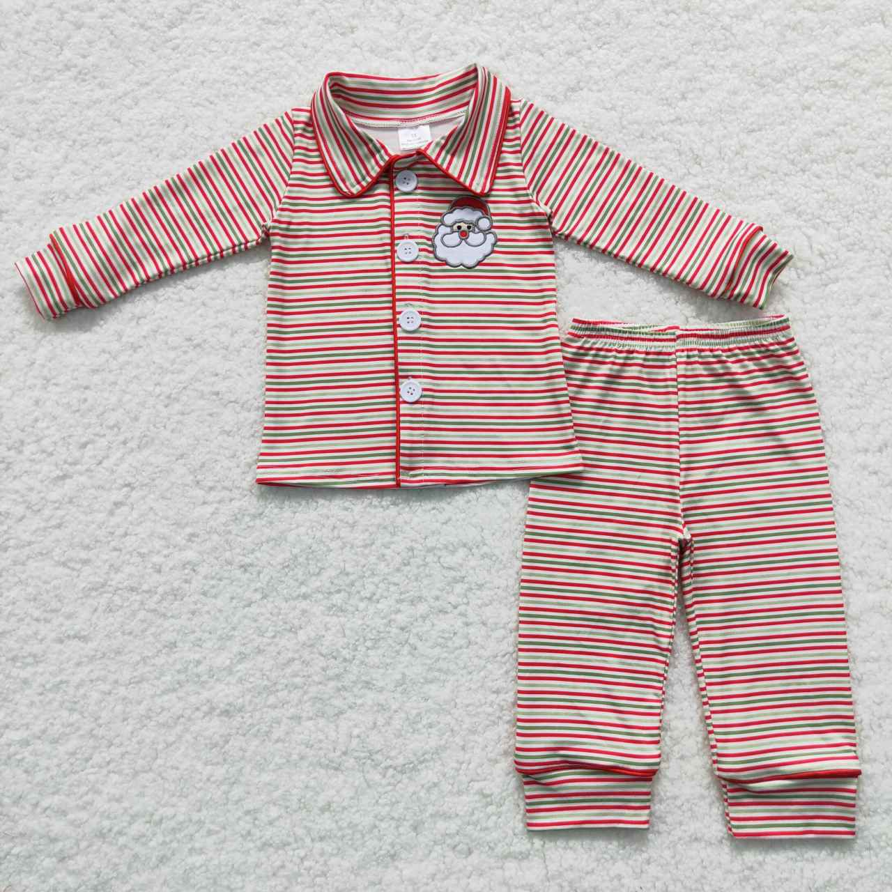 Red green stripe kids girl christmas button pajama with santa embroidery