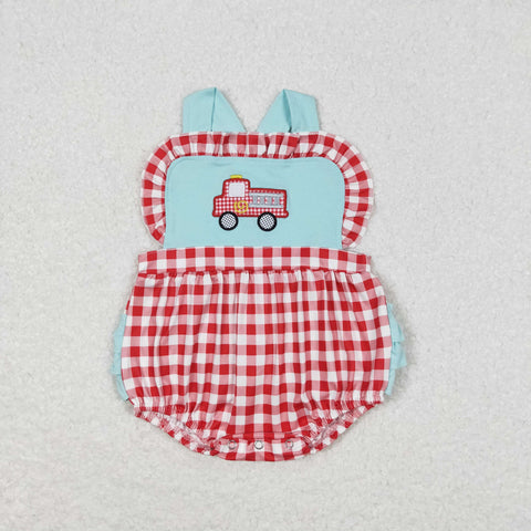 baby girl firetruck embroidery ruffle bubble