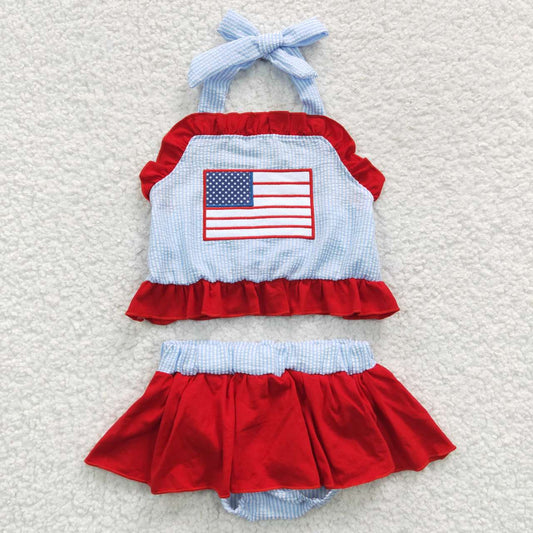 4th of july flag embroidery 2pcs seersucker swimsuit