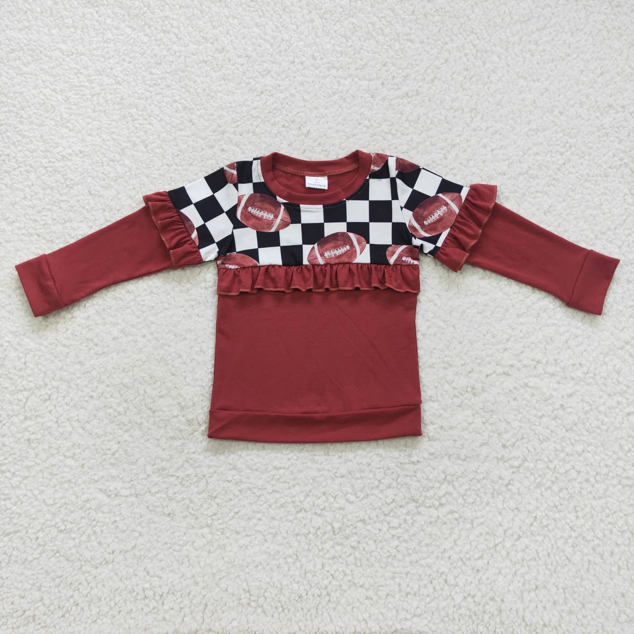 little girl fall football print brown ruffle pullover