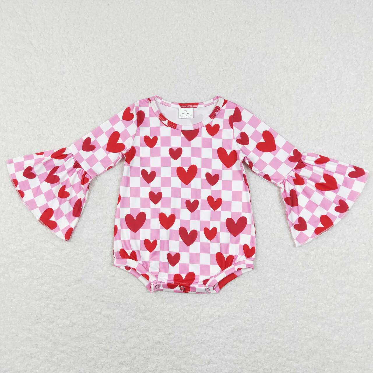 baby girl valentine bell sleeve pink checkered&heart leo romper