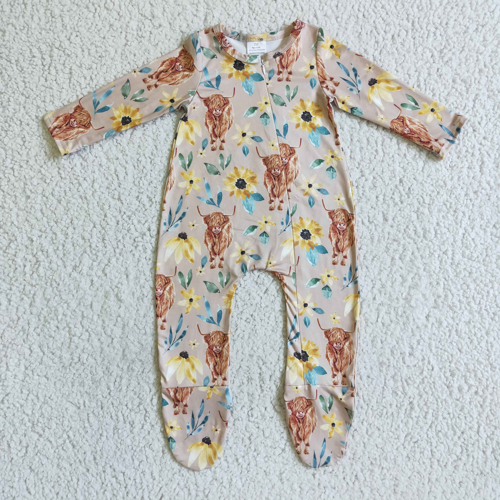 baby long sleeve highland cow print footie zip sleeper