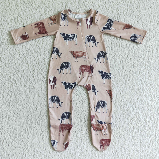 baby long sleeve cow print footie zip sleeper