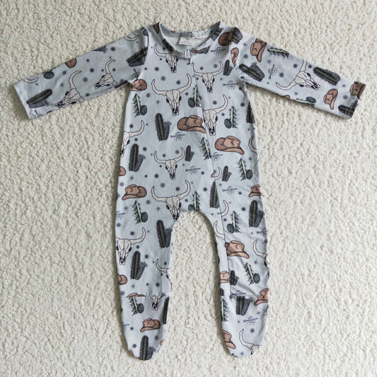 baby western skull cactus zip footie sleeper