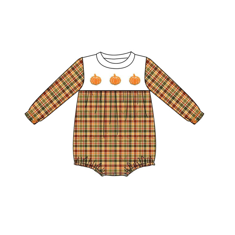 Pre order fall infant boy plaid pumpkin long sleeve romper