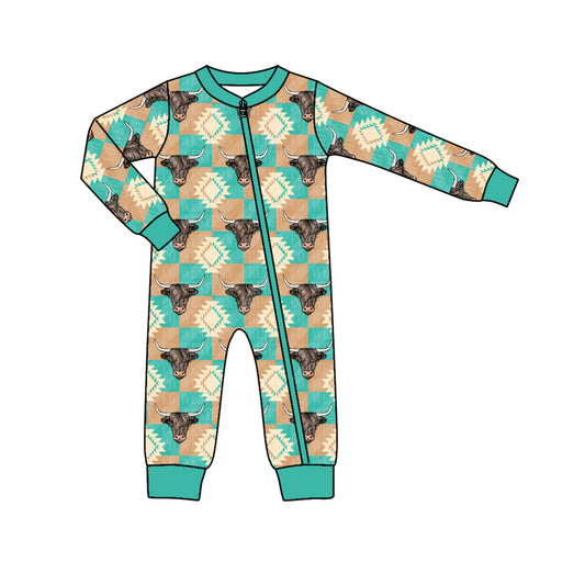 Pre order  long sleeve baby boy sleeper cow and aztec