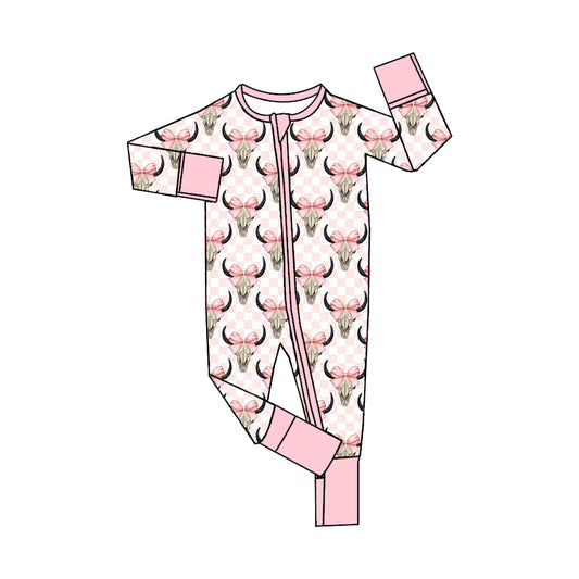 Pre order  long sleeve baby girl sleeper cow with bow