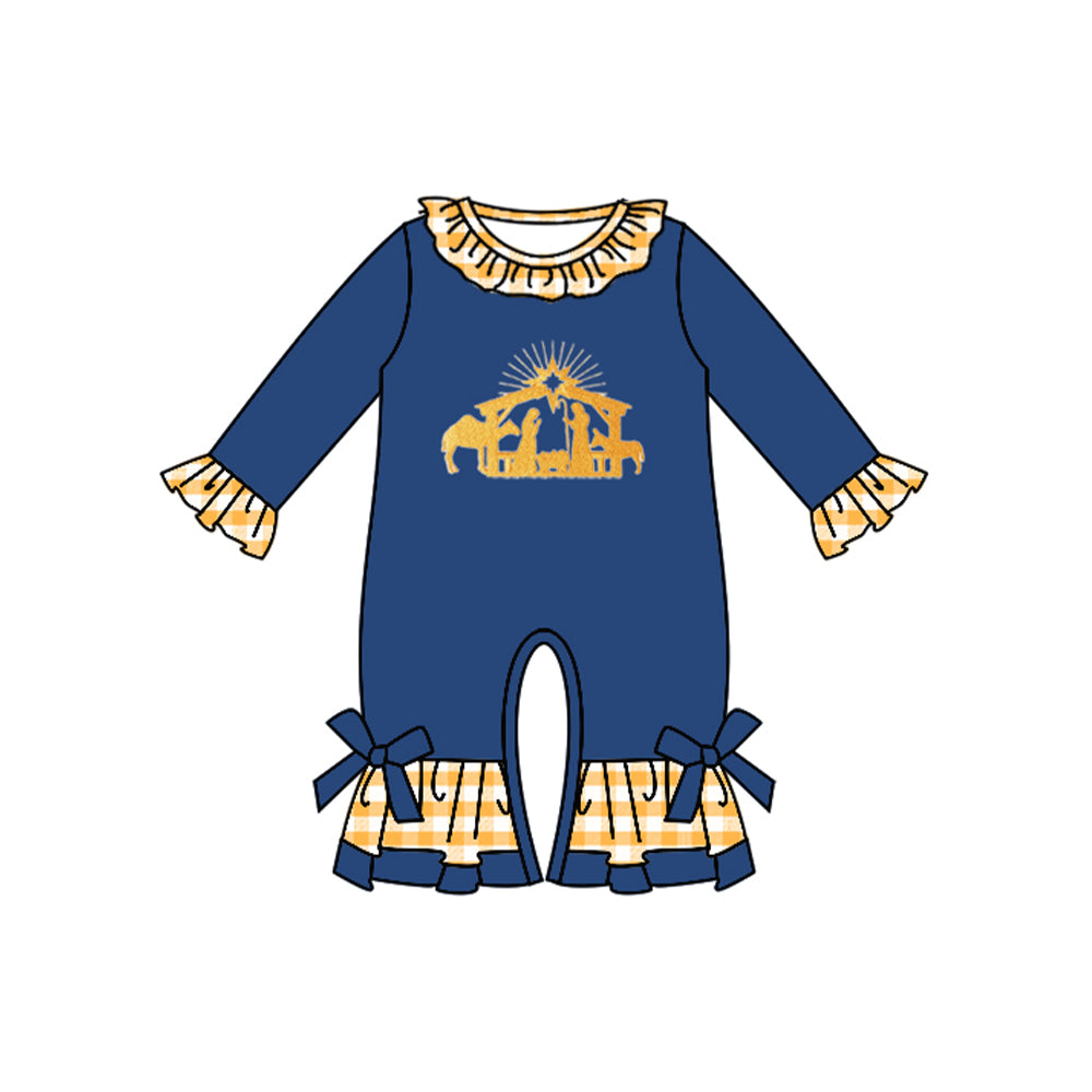 Pre order   navy nativity romper girl