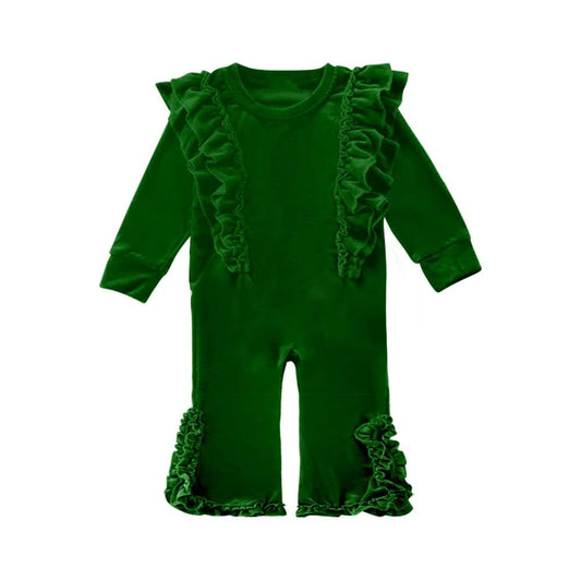 Pre order baby girl ruffle green velvet romper