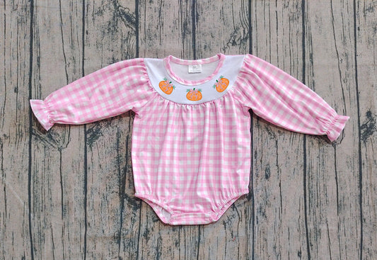 Pre order pink plaid pumpkin romper (do embroidery)