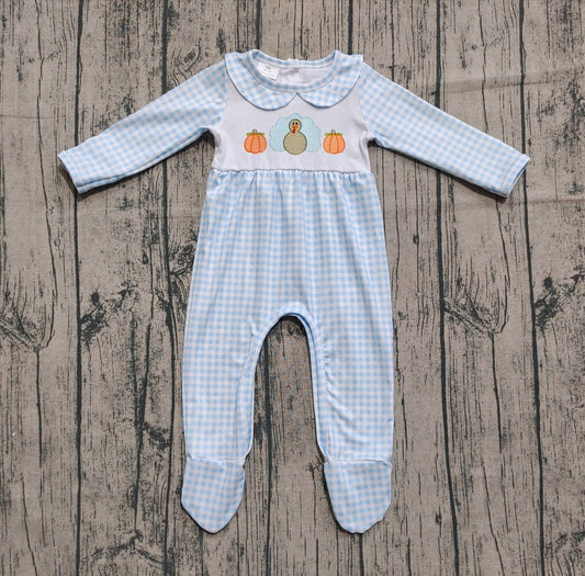 Pre order gingham pumpkin turkey footie sleeper (do embroidery)
