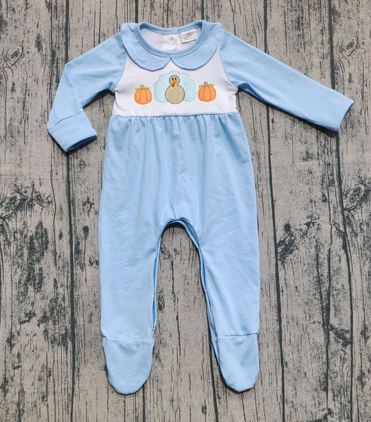 Pre order solid blue pumpkin turkey footie sleeper boy (do embroidery)