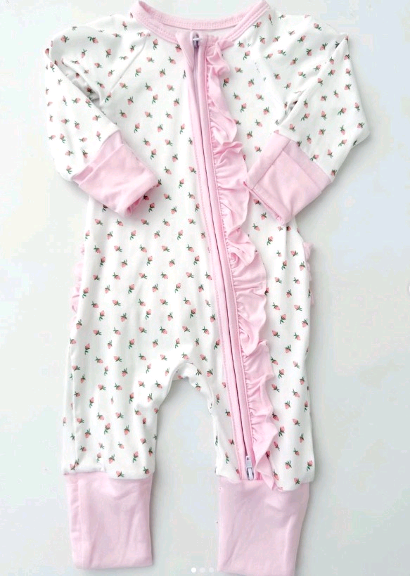 Pre order strawberry white ruffle sleeper