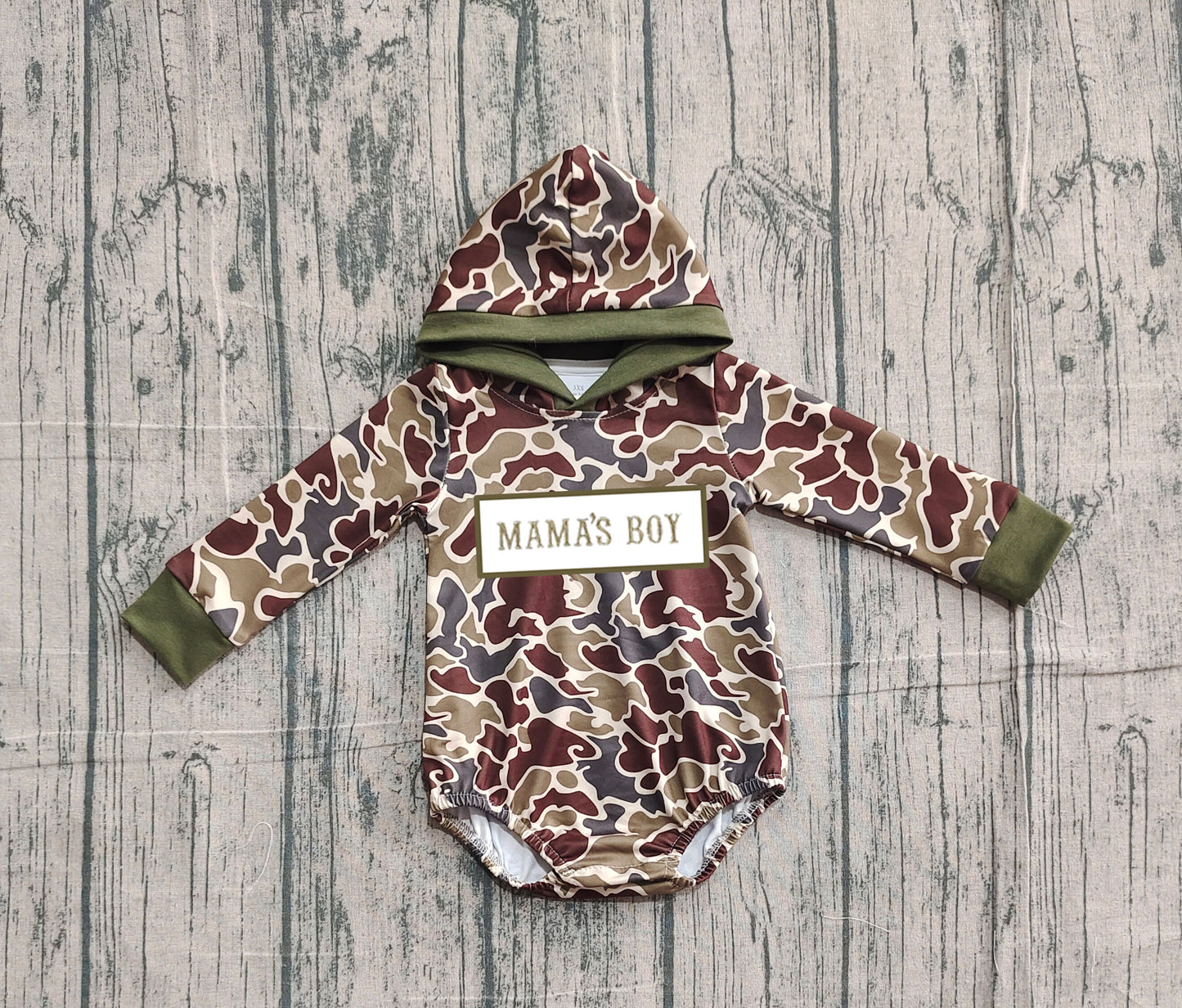 Pre order mama's boy camo hoodie romper (do embroidery)