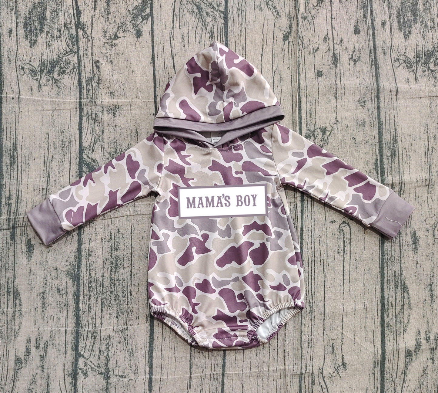 Pre order mama's boy camo hoodie romper (do embroidery)