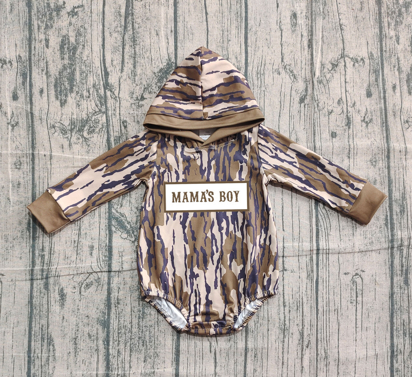 Pre order mama's boy camo hoodie romper (do embroidery)