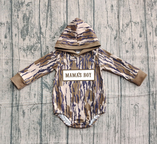 Pre order mama's boy camo hoodie romper (do embroidery)