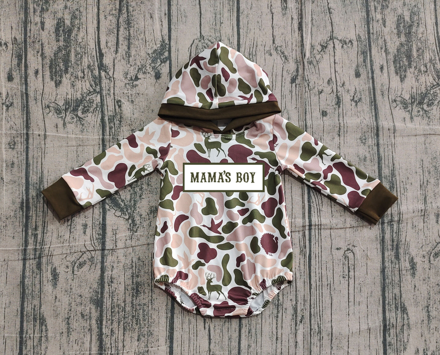 Pre order mama's boy camo hoodie romper (do embroidery)