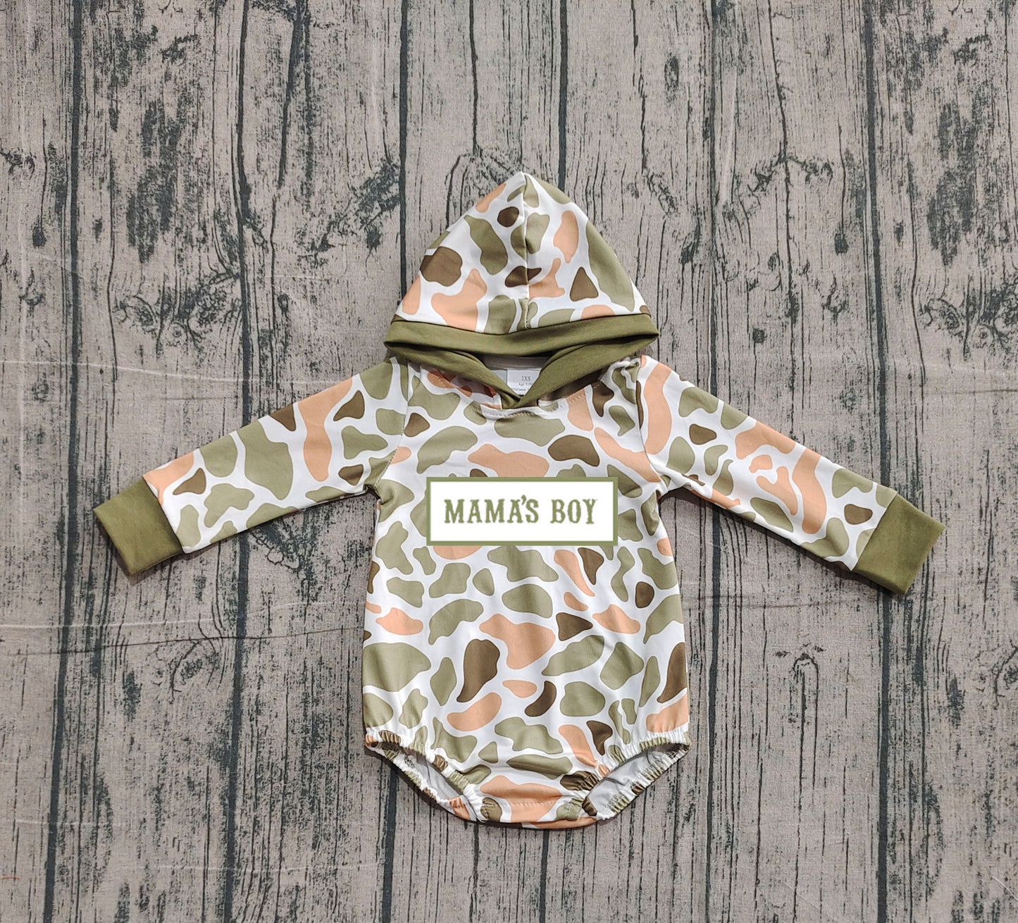 Pre order mama's boy camo hoodie romper (do embroidery)