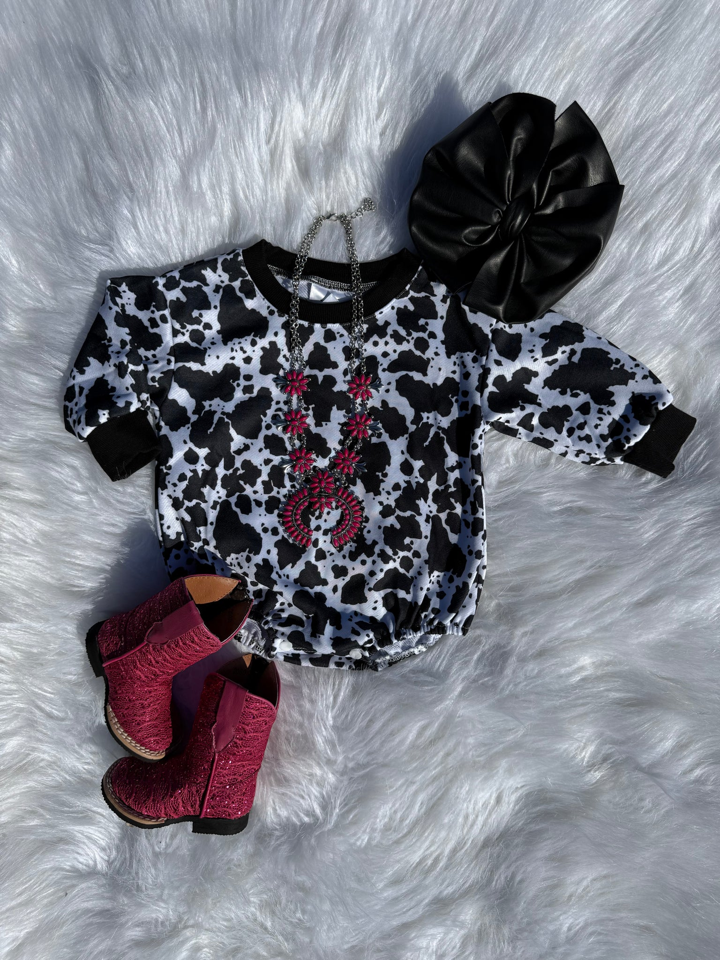 Pre order long sleeve cow print romper