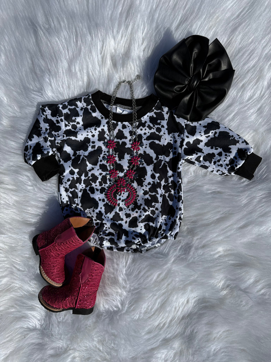 Pre order long sleeve cow print romper