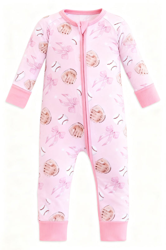 Pre order pink baseball baby girl zip sleeper