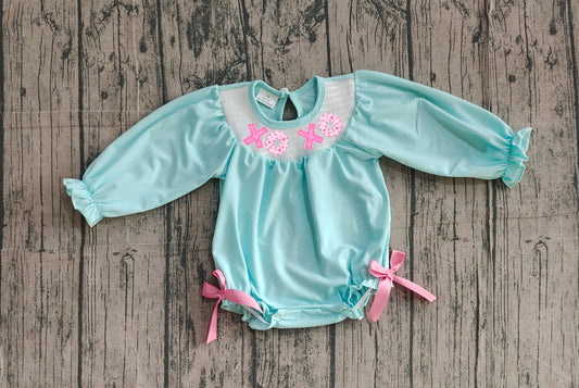 Pre order blue long sleeve xoxo smocked romper