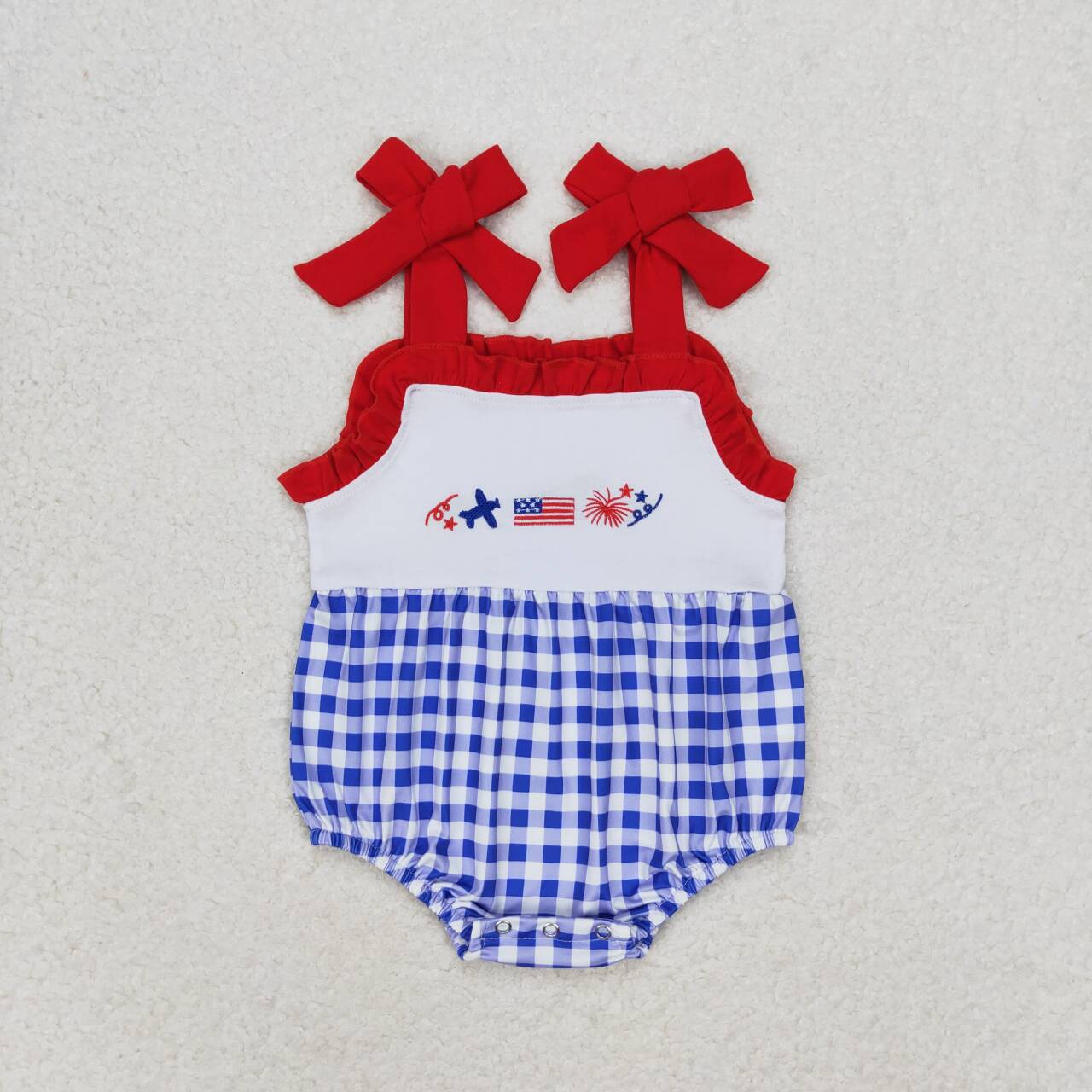 happy 4th red strap blue plaid girl patrotic bubble