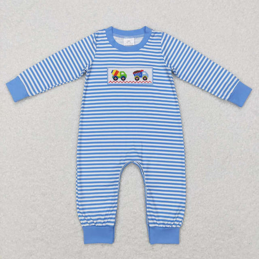 blue stripe construction truck embroidery romper