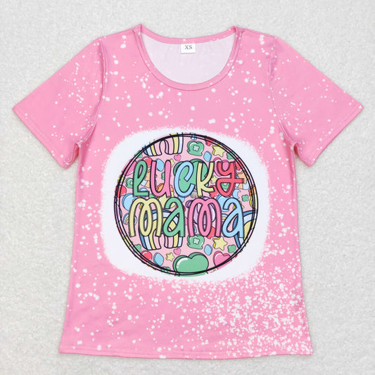 adult clothing lucky mama letters pink t-shirt