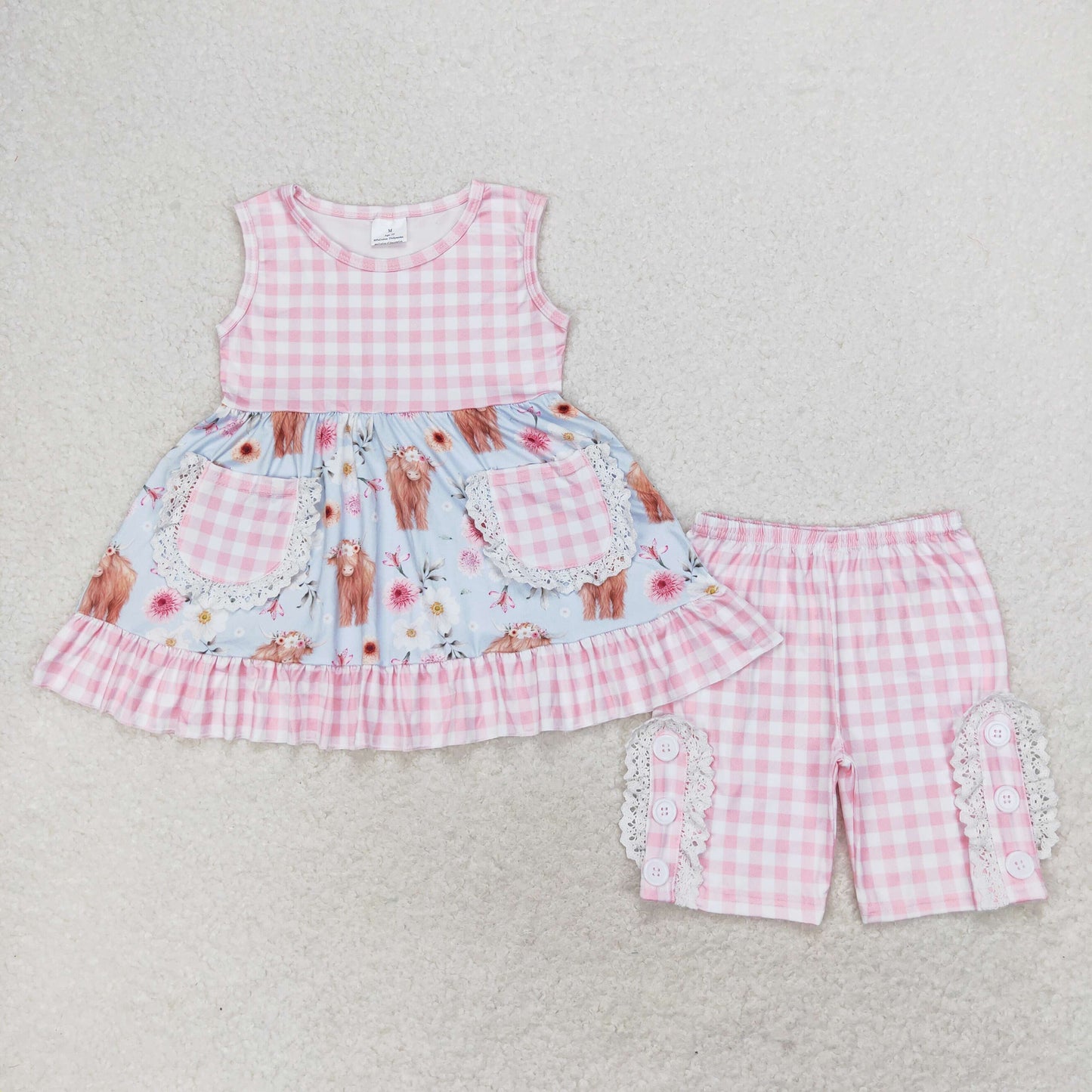 pink plaid highland cow shorts set with pocket girl clothing