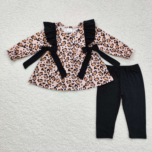 girl fall leopard bow dress top black solid legging set