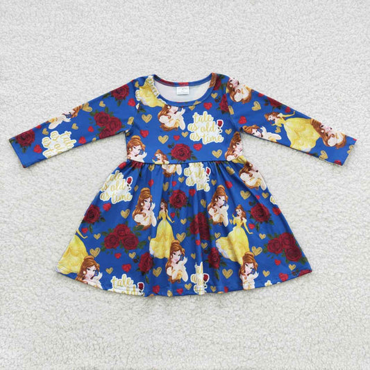 Blue long sleeve princess rose flower twirl dress