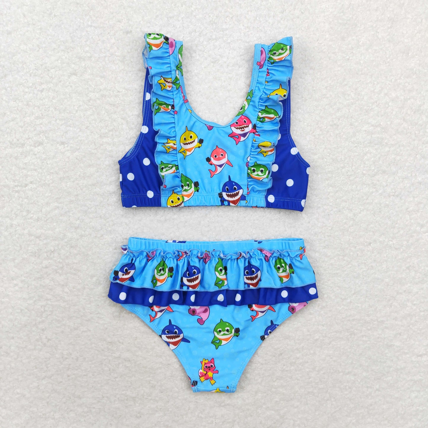 blue cartoon shark two piece ruffle swimsuit girl swimwear