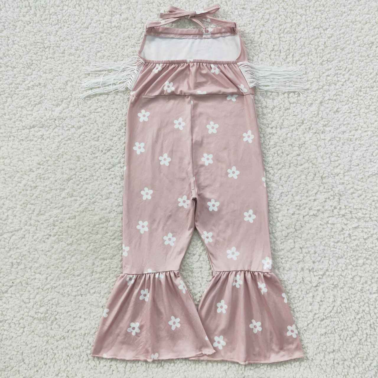 small flower print girls pink fringe jumpsuit