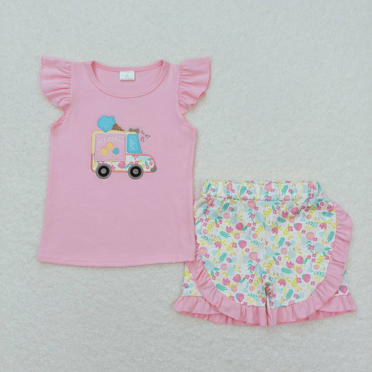 Ice cream parlor embroidery shorts set toddler girls clothing