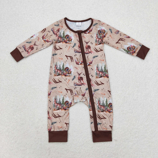 deer duck turkey print baby boy zip sleeper brown