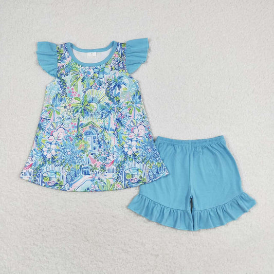 flutter sleeve lily ruffle shorts set blue girls summer outfit