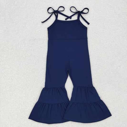 cotton solid navy blue strap bell bottom jumpsuit