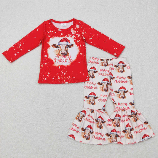 red long sleeve merry christmas cow print bell bottom outfit