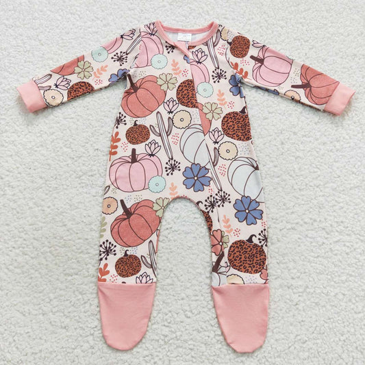 Baby girl fall pumpkin romper footed zip sleeper