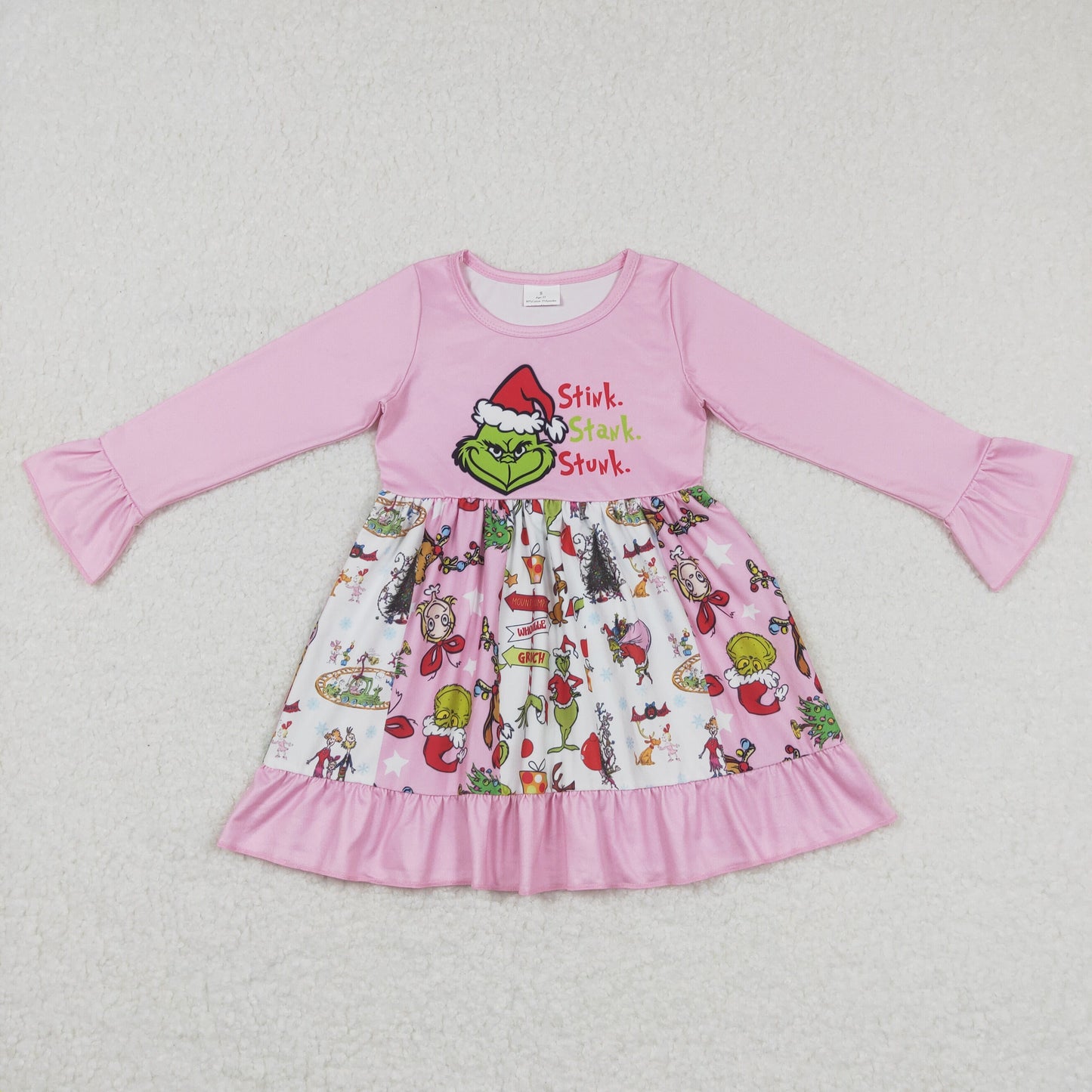 pink long sleeve christmas grinchey ruffle dress