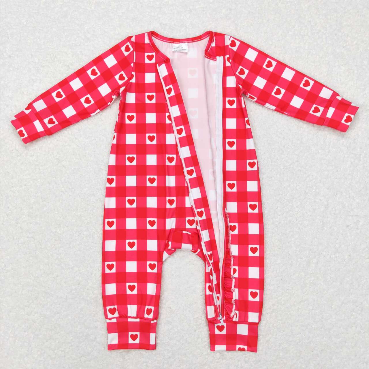 baby girl red valentine heart checkered zip sleeper