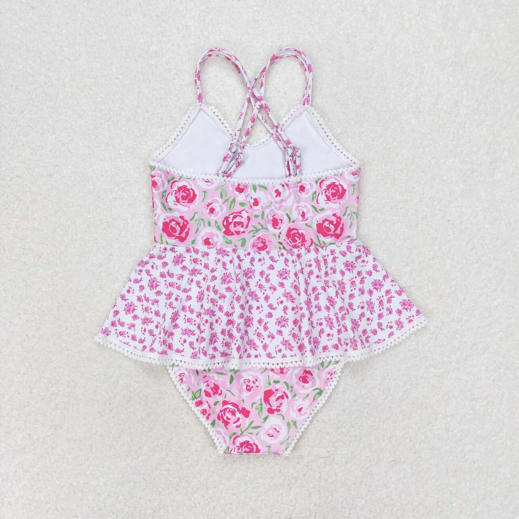 pink floral print one-piece girl swimsuit
