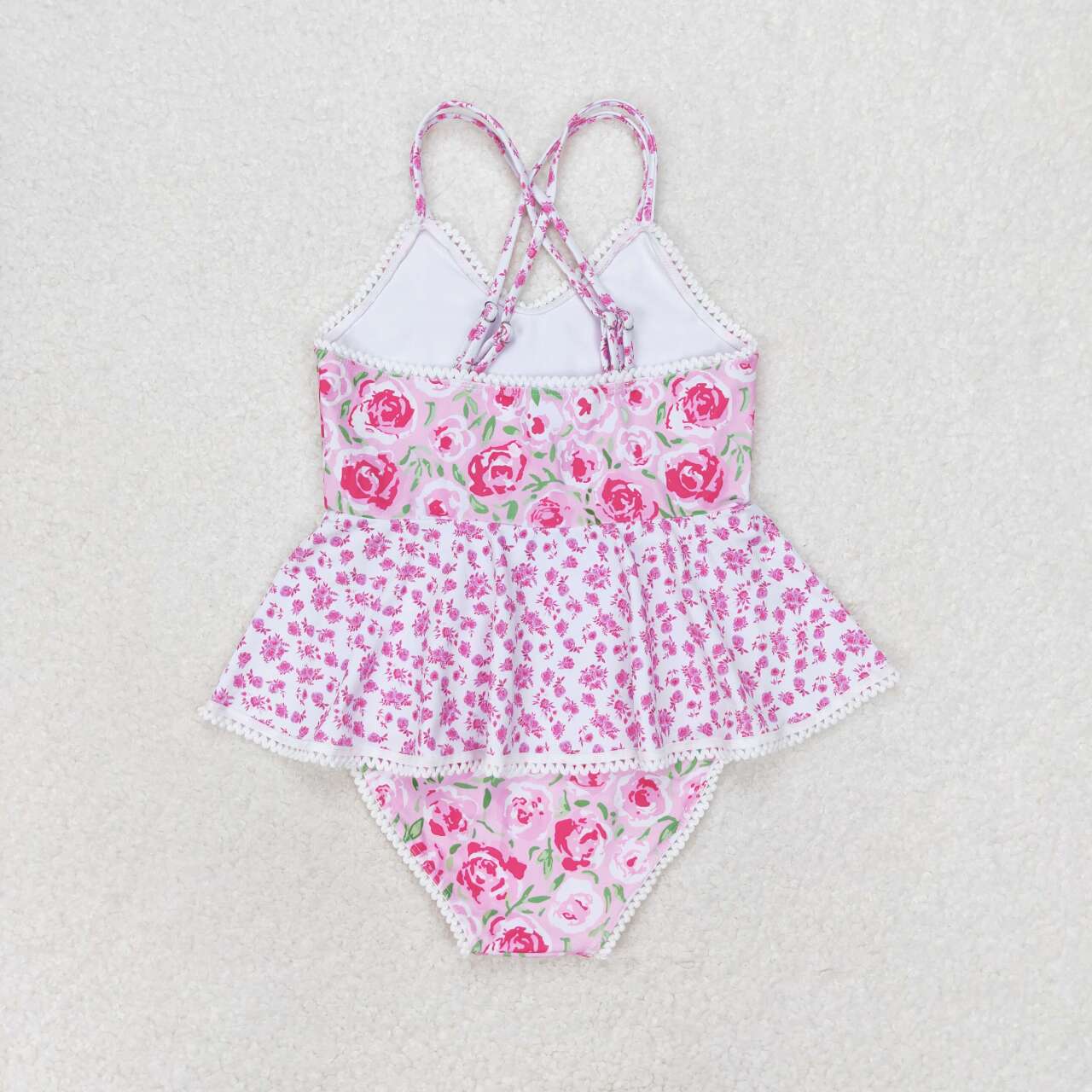 pink floral print one-piece girl swimsuit