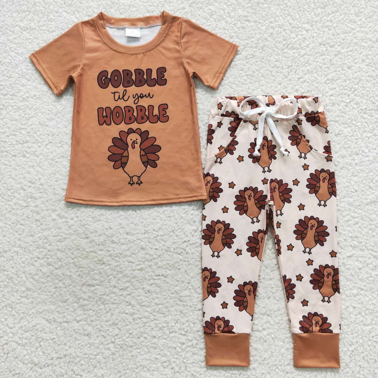 brown gobble till you wobble turkey print pants set boy thanksgiving day clothing